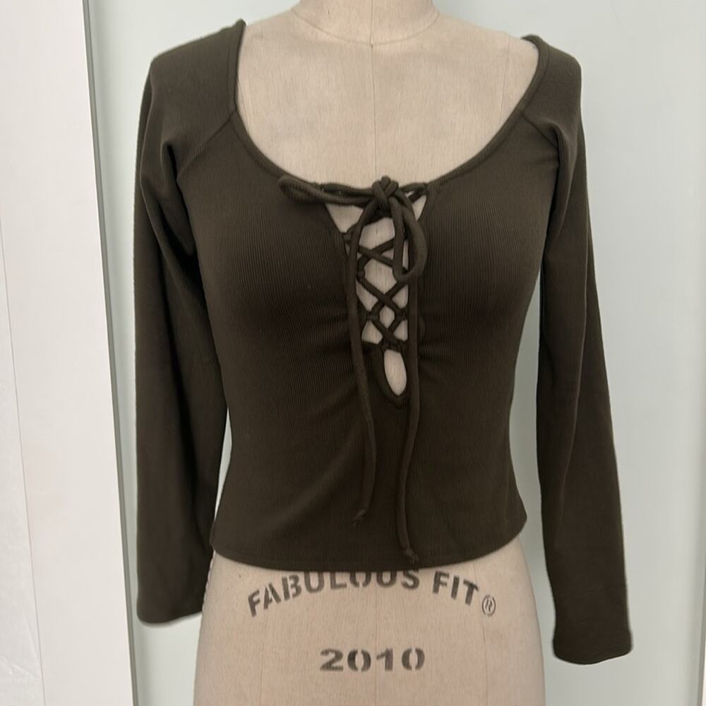 Rachel Pally Olive green ribbed lace up long sleeve top S